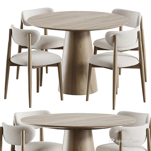 Modern Wooden Dining Table Set With Four Upholstered Chairs And Round Top 3d model 