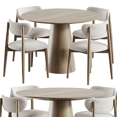 Modern Wooden Dining Table Set With Four Upholstered Chairs And Round Top 3d model