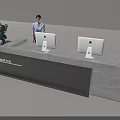 Modern Reception Desk with Receptionist Two Computers Green Toy Balloon Marble Countertop and LED Lighting