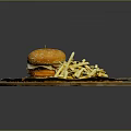 Delicious Hamburger With Fries And Ketchup Served On Round Wooden Plate