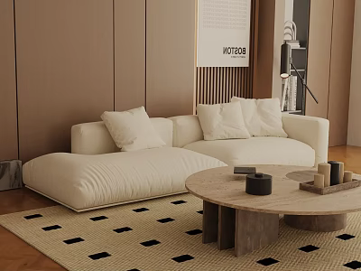 Beige Three Seater Sofa With Round Wooden Coffee Table And Geometric Pattern Rug 3d model