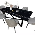 Modern Black Marble Dining Table Set With Gray Upholstered Chairs And Decorative Plants 3d model