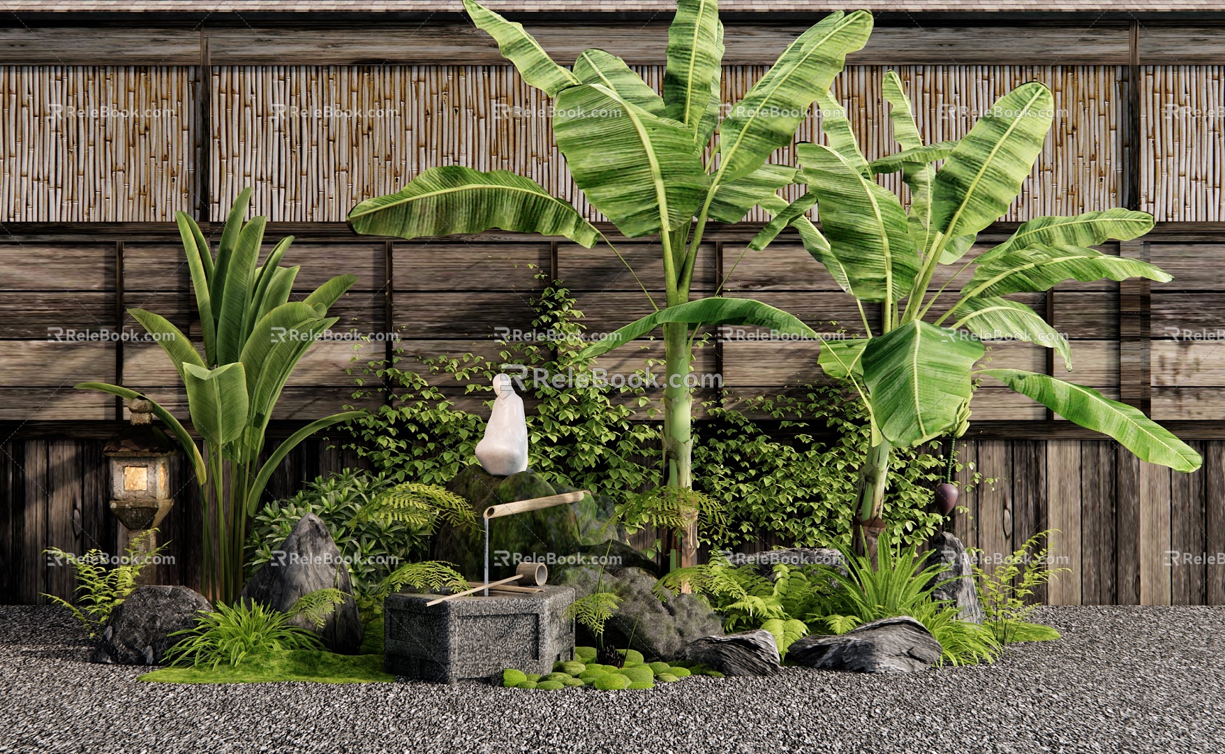 Japanese-style plant combination courtyard sketch waterscape plant landscaping stone plant pile water bowl waterscape banana tree moss model