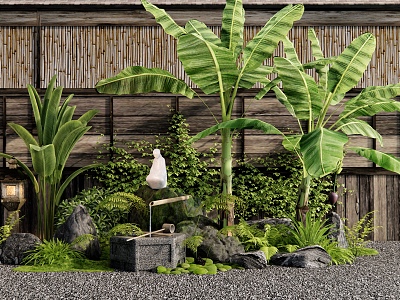 Japanese-style plant combination courtyard sketch waterscape plant landscaping stone plant pile water bowl waterscape banana tree moss model