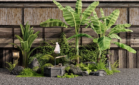 Japanese-style plant combination courtyard sketch waterscape plant landscaping stone plant pile water bowl waterscape banana tree moss 3d model