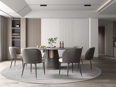 Modern Restaurant Interior With Round Dining Table Gray Chairs Fruits Greenery Wine And White Cabinets 3d model