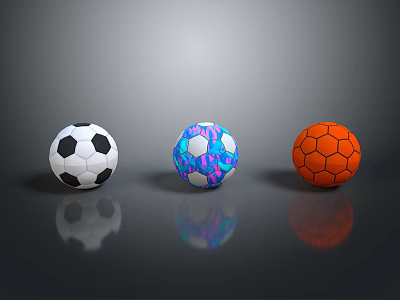 Three Stylish Household Balls With Black White Soccer Colorful Patterned And Orange Hexagonal Designs 3d model
