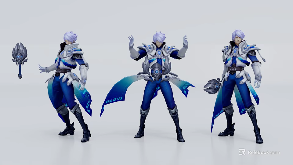 Male Character in Three Different Poses with Blue and White Armor and Ornate Cloaks 3d model 