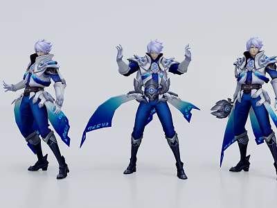 Male Character in Three Different Poses with Blue and White Armor and Ornate Cloaks 3d model