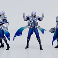 Male Character in Three Different Poses with Blue and White Armor and Ornate Cloaks