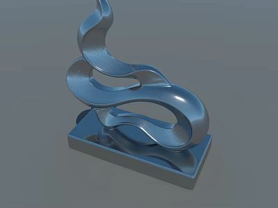 Silver Abstract Sculpture With Curved Lines On Square Base Artistic Decor 3d model