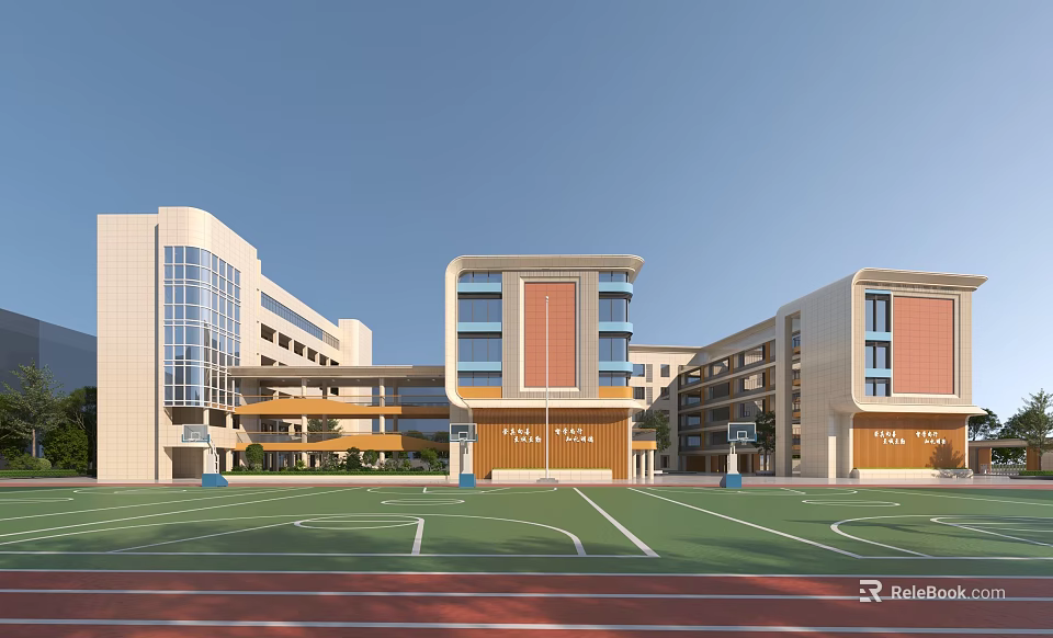 Modern School Complex With Classroom Buildings Playground Running Track And Blue Sky White Clouds 3d model 