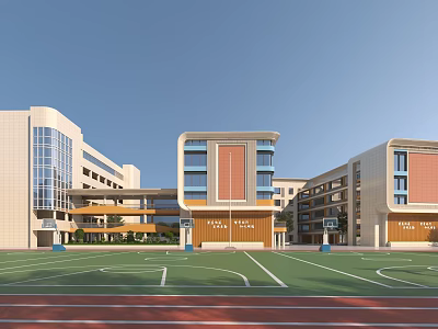 Modern School Complex With Classroom Buildings Playground Running Track And Blue Sky White Clouds 3d model