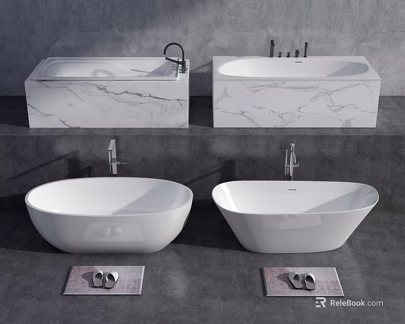Modern Bathroom Design Featuring Marble And White Freestanding Bathtubs With Faucets 3d model 
