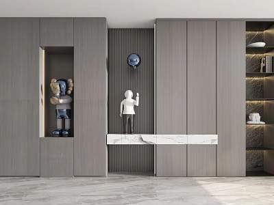 Modern Gray Wooden Decorative Cabinet With Open Shelves Marble Countertop And Decorations 3d model