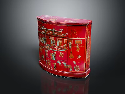 Traditional Red Entryway Console Side Cabinet With Intricate Carved Patterns 3d model
