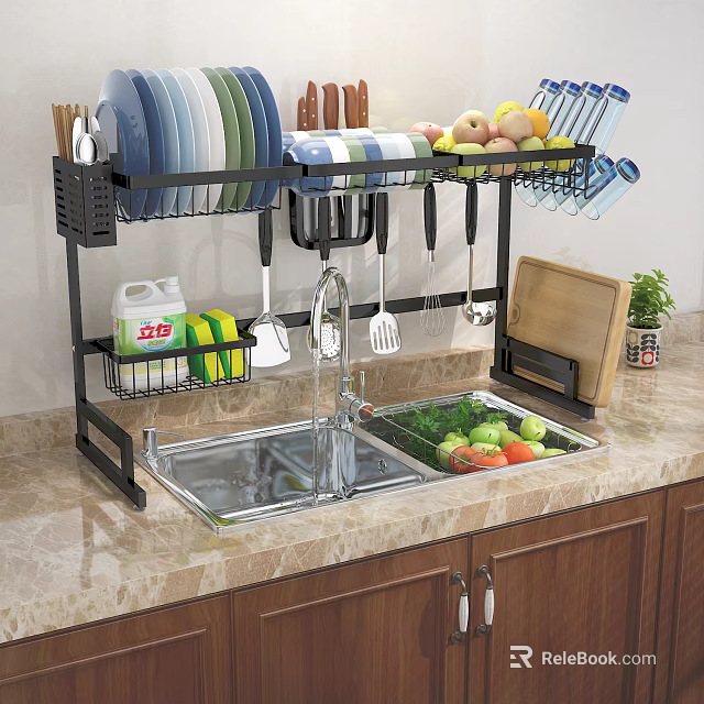 Bathroom Cabinet Rack With Metal Frame For Dish Storage And Kitchen Accessories On Marble Countertop 3d model 