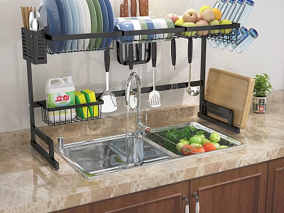 Bathroom Cabinet Rack With Metal Frame For Dish Storage And Kitchen Accessories On Marble Countertop 3d model