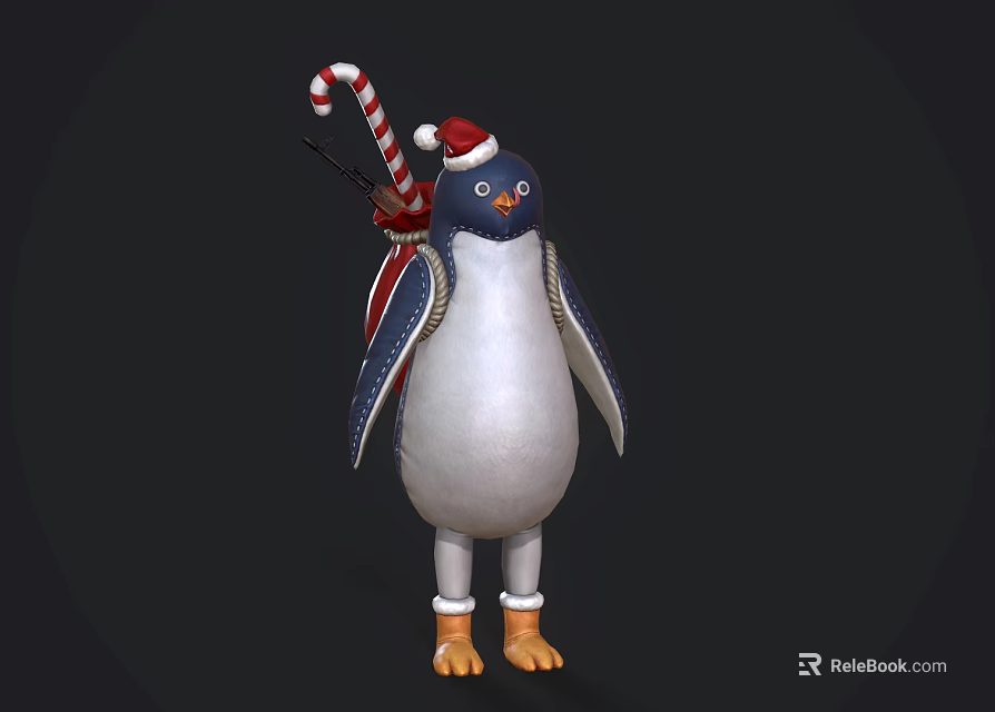Game Movie Penguin Character Wearing Santa Hat With Candy Cane Backpack And Boots 3d model 