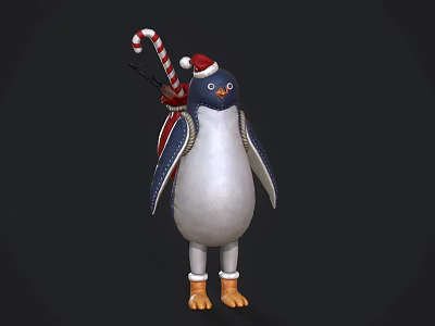 Game Movie Penguin Character Wearing Santa Hat With Candy Cane Backpack And Boots 3d model