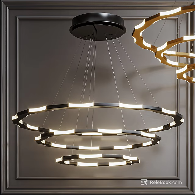 Modern Illuminated Chandelier With Multiple Circular Rings And Sleek Black Frame 3d model 