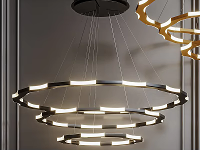 Modern Illuminated Chandelier With Multiple Circular Rings And Sleek Black Frame 3d model