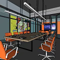 Modern Office Space With Red Brick Wall Display Counter And City Skyline Silhouette