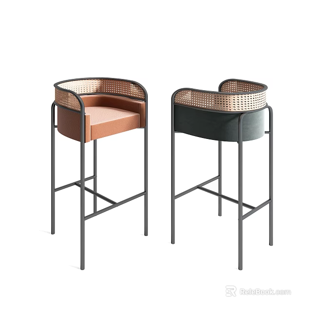Two Modern Bar Stools With Woven Backrest Leather Seat And Metal Frame In Brown Black 3d model 