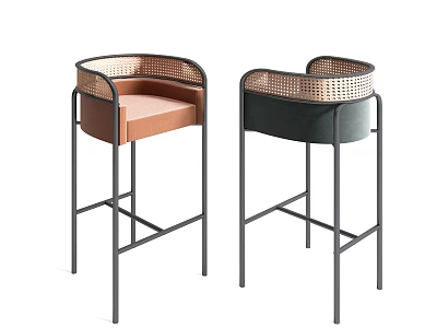 Two Modern Bar Stools With Woven Backrest Leather Seat And Metal Frame In Brown Black 3d model