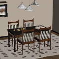 Wooden Frame Dining Table Set with Striped Chairs Pendant Lights and Patterned Rug 3d model