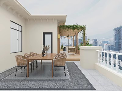 Terrace Space with Wooden Dining Table Rattan Chairs Greenery Pergola City View and Balcony Railings 3d model