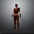 Fantasy Female Warrior In Red Outfit Holding Sword Standing On Gray Background