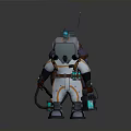 Futuristic White And Orange Spacesuit Character With Backpack Antenna And Handheld Tools