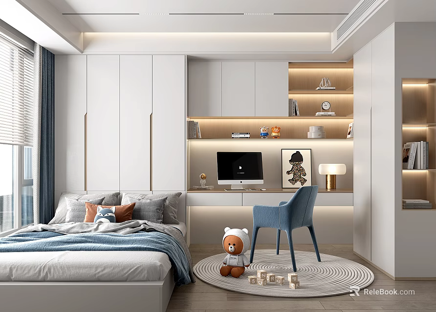 Tatami Bedroom Interior With Tatami Bed Desk Storage Cabinets And Blue Chair 3d model 