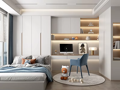 Tatami Bedroom Interior With Tatami Bed Desk Storage Cabinets And Blue Chair 3d model