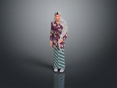 Woman In Traditional Purple Floral Top With Headscarf And Green White Striped Skirt With Reflection 3d model
