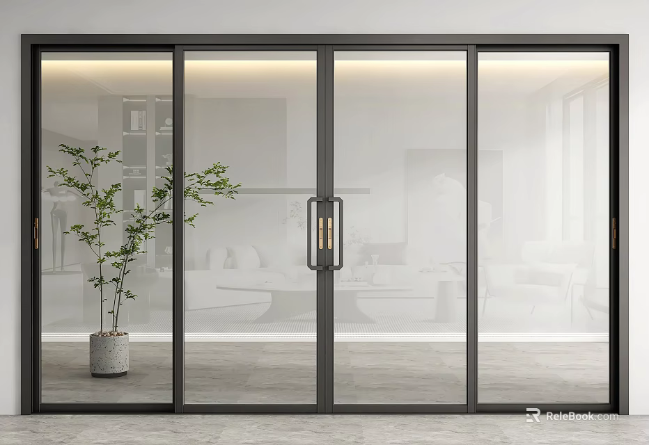 Elegant Sliding Glass Doors With Black Frame Frosted Glass And Green Plant 3d model 