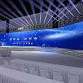 Modern Conference Stage With Large Blue Screen Asia Dragon Pajero Logo And Seats