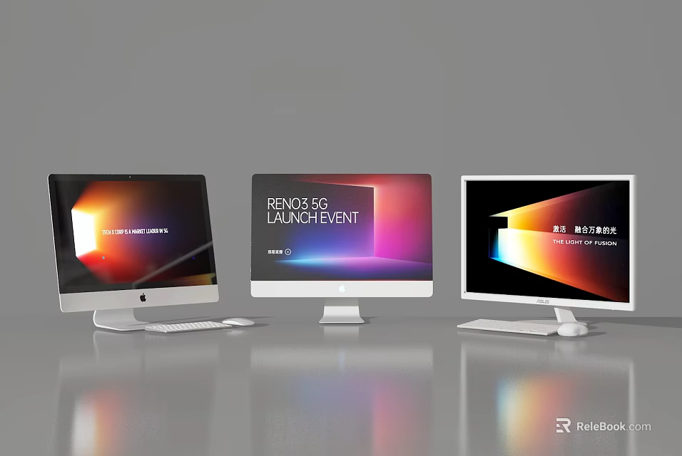 Three Modern All in One PCs with Sleek Design and Vibrant Screen Displays 3d model 