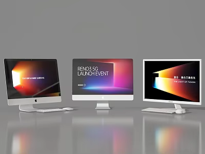 Three Modern All in One PCs with Sleek Design and Vibrant Screen Displays 3d model