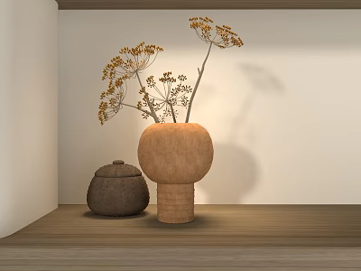 Minimalist Interior With Natural Material Vase Holding Dried Flowers And Small Jar On Wooden Floor 3d model