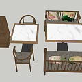 Modern Dining Table Set With Marble Tabletop Wooden Frame And Chairs Benches 3d model
