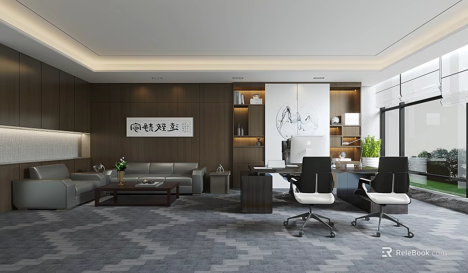 Modern Office Interior Design With Sofa Desk Office Chairs Decorative Painting And Plants 3d model 
