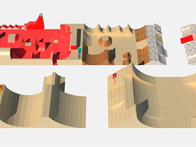 Creative Children's Playground Structure With Wooden Curves And Red Climbing Components 3d model