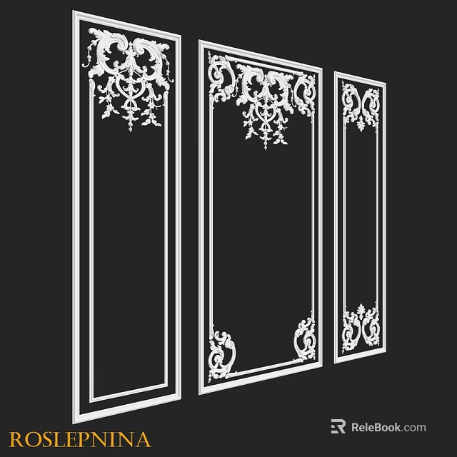Three Vertical Decorative Components Featuring Intricate White Carvings And Ornate Patterns 3d model 