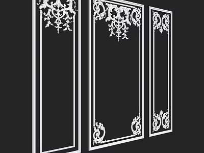 Three Vertical Decorative Components Featuring Intricate White Carvings And Ornate Patterns 3d model