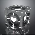Advanced Silver Metallic Cube Shaped Weapon With Transparent Sections And White Heart Symbols