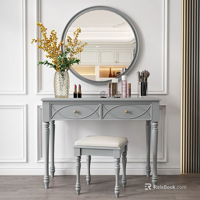 Elegant Dressing Table With Round Mirror Yellow Flowers Cosmetics And Stool 3d model