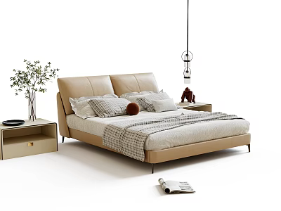 Stylish Beige Double Bed with Leather Headboard Pillows Striped Blanket Bedside Tables and Modern Pendant Light 3d model