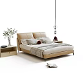 Stylish Beige Double Bed with Leather Headboard Pillows Striped Blanket Bedside Tables and Modern Pendant Light
